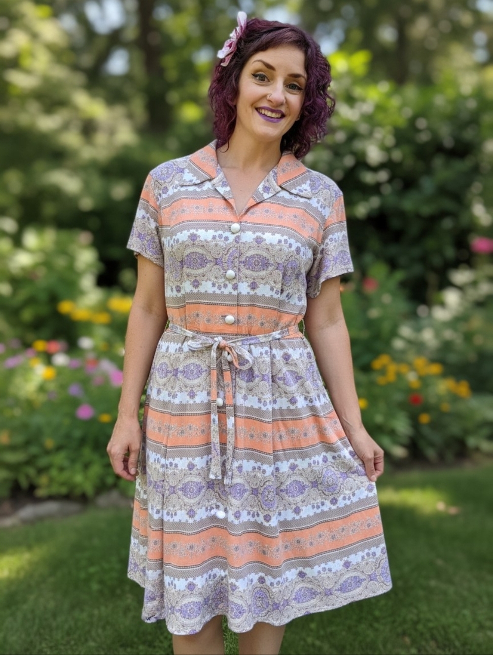 Vintage 1970s Mod Floral Shirt Dress Belted Polyester Day Dress Womens Size L
